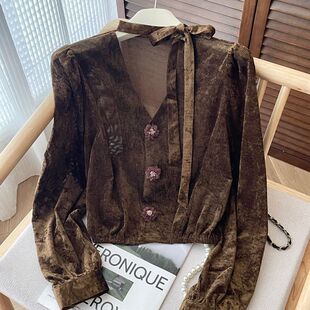 2026秋季新款女装咖色大码设计小衫长袖衬衫女宽松圆领开衫打底衫