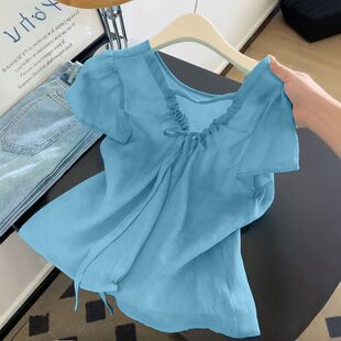 杭州四季青意法高端女装设计感系带V领短袖egg娃娃衬衫湖蓝色上衣