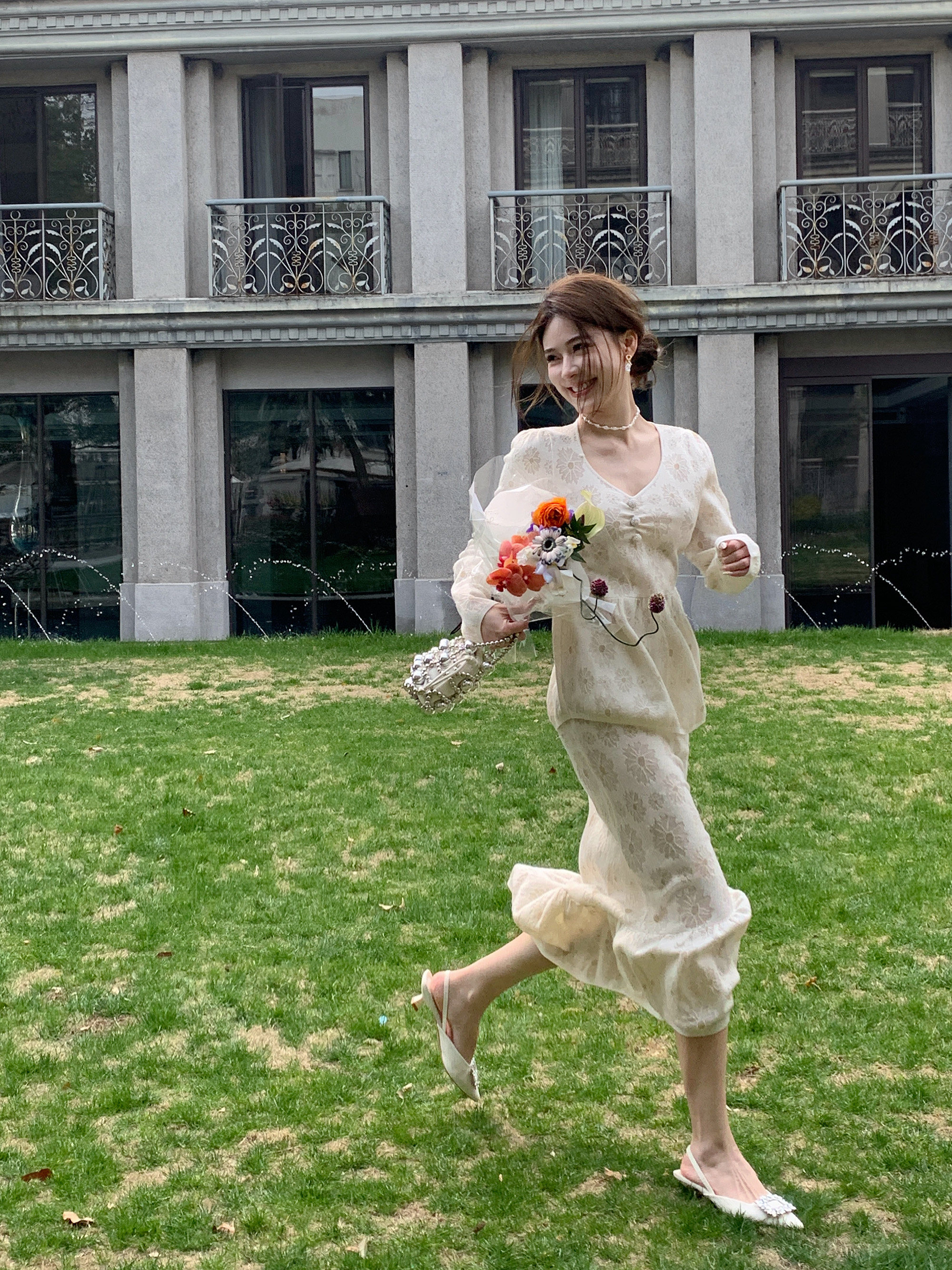 套装女2024新款小清新春秋羊毛小雏菊针织上衣长袖半身裙两件套装
