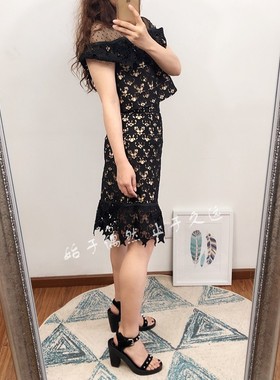 2025春季新款女装 黑色蕾丝拼接网纱 短袖短裙时尚性感两件套装