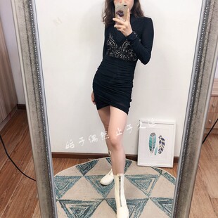 2025春季新品性感褶皱款包身拼接蕾丝单件高腰纯色短裙长袖连衣裙