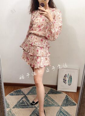 收腰甜美小碎花V领春款油画风