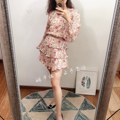 收腰甜美小碎花V领春款油画风