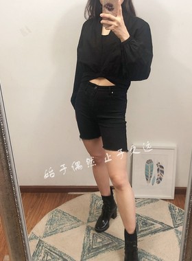 2025春季新款 黑色纯棉短款宽松休闲V领长袖衬衫通勤复古女士上衣