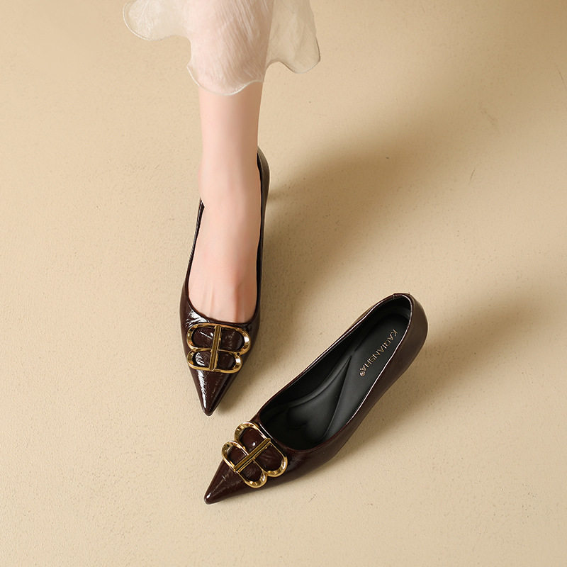 2026年新款法式尖头黑色细跟金属扣气质名媛风浅口鞋不累脚单鞋女,女鞋,浅口单鞋,淘宝优惠券,粉丝福利购,淘宝优惠卷