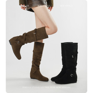 胖mm长筒靴女秋冬大筒围堆堆靴高筒骑士靴粗腿长靴内增高大码靴子