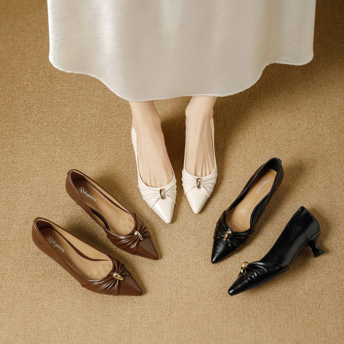 时尚细跟高跟鞋2026春季新款法式通勤工作尖头低跟一脚蹬浅口单鞋