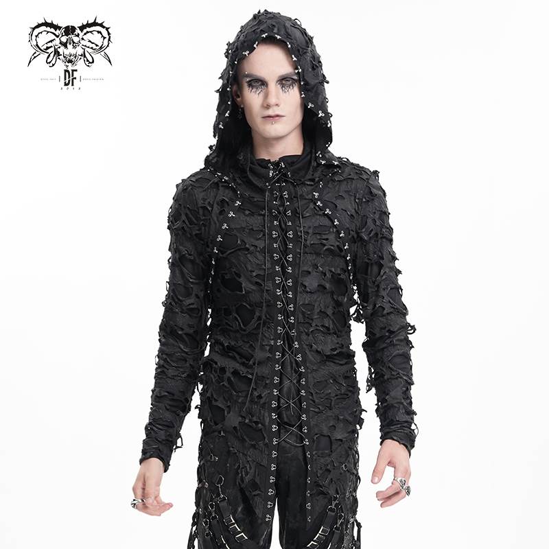 Devil Fashion恶魔时尚哥特暗黑男装破旧设计感连帽长袖T恤TT283