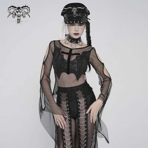 Devil Fashion恶魔时尚哥特暗黑女装飘带喇叭袖暗黑网纱衫TT306