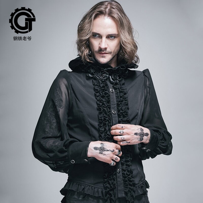 钢铁老爷 蒸汽朋克衣服PUNK英伦哥特GOTHIC长袖高领衬衫配领花男