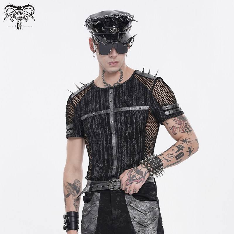 DEVIL FASHION恶魔时尚朋克弹力扎染针织拼大菱形网T恤【TT315】