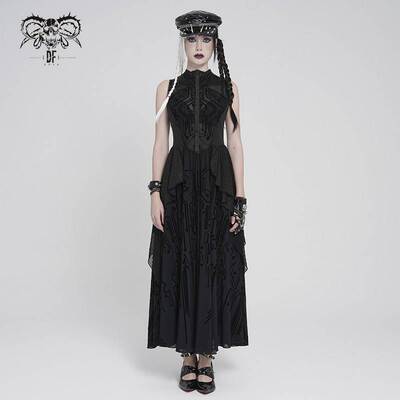 Devil Fashion恶魔时尚哥特暗黑女装电路纹网纱无袖长裙SKT246