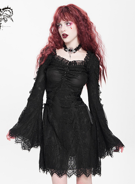 DevilFashion哥特风黑色蕾丝喇叭袖连衣裙SKT24501