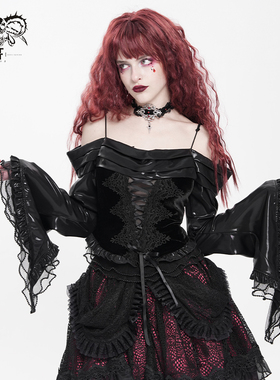 DevilFashion哥特风黑色丝绒亮面拼接上衣TT297