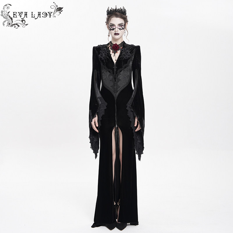 Devil Fashion女装哥特重工刺绣大V领连衣裙 ECT02201