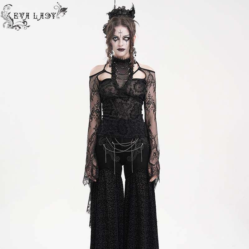 Devil Fashion恶魔时尚女装哥特 植绒针织露肩挂脖长袖短T ETT037