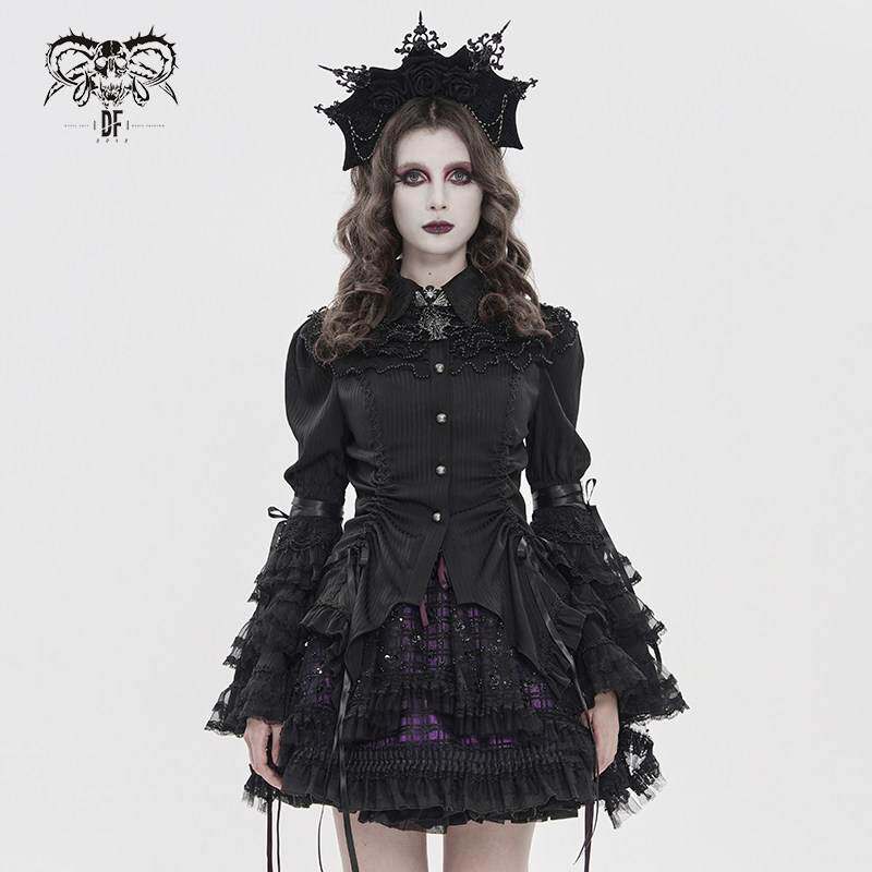 Devil Fashion恶魔时尚哥特暗黑女装蕾丝喇叭袖衬衫长袖T恤SHT152