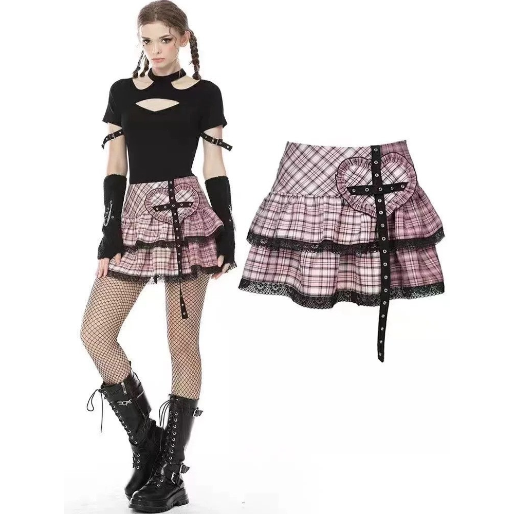 DARK IN LOVE 黑粉蕾丝十字架短裙半身裙KW189