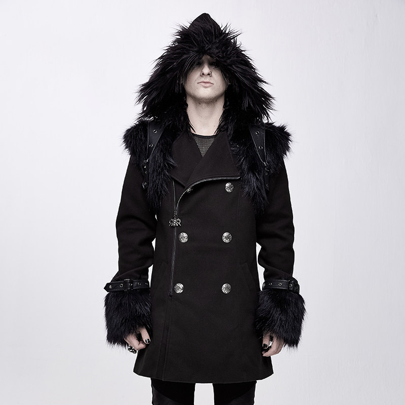 哥特朋克男装带披肩可拆卸毛呢大衣秋冬季加厚中长款外套连帽夹克
