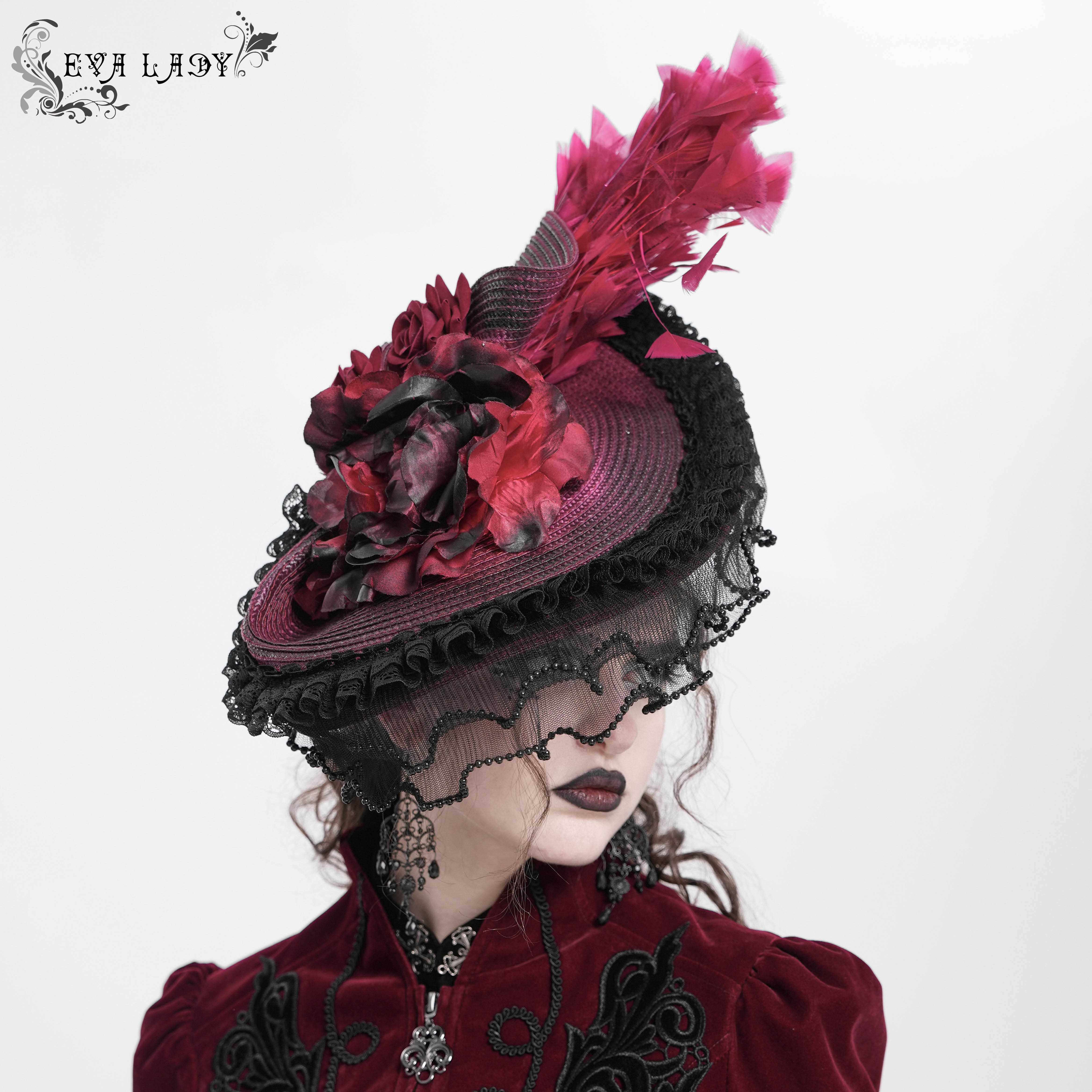 EVA LADY恶魔时尚女装哥特朋克暗黑半边型羽毛发箍草帽 EAS02402