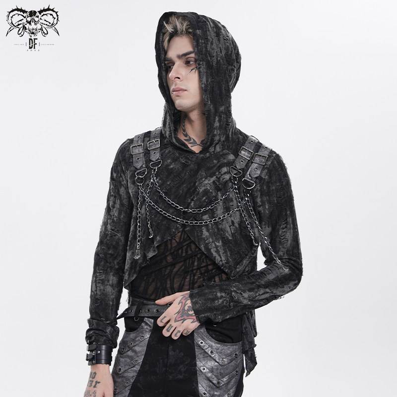 DEVIL FASHION恶魔时尚黑灰双色破条连帽长袖T恤【TT318】