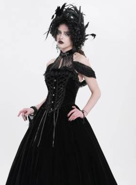EVA LADY恶魔时尚女装哥特朋克暗黑立领绑绳丝绒连衣裙ESKT058