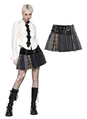 DARK IN LOVE哥特女装 彩色格子补丁皮腰裙 KW380