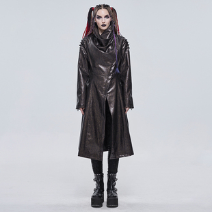 朋克女装暗黑系大衣秋冬季中长款风衣立领大领子外套防风pu皮衣