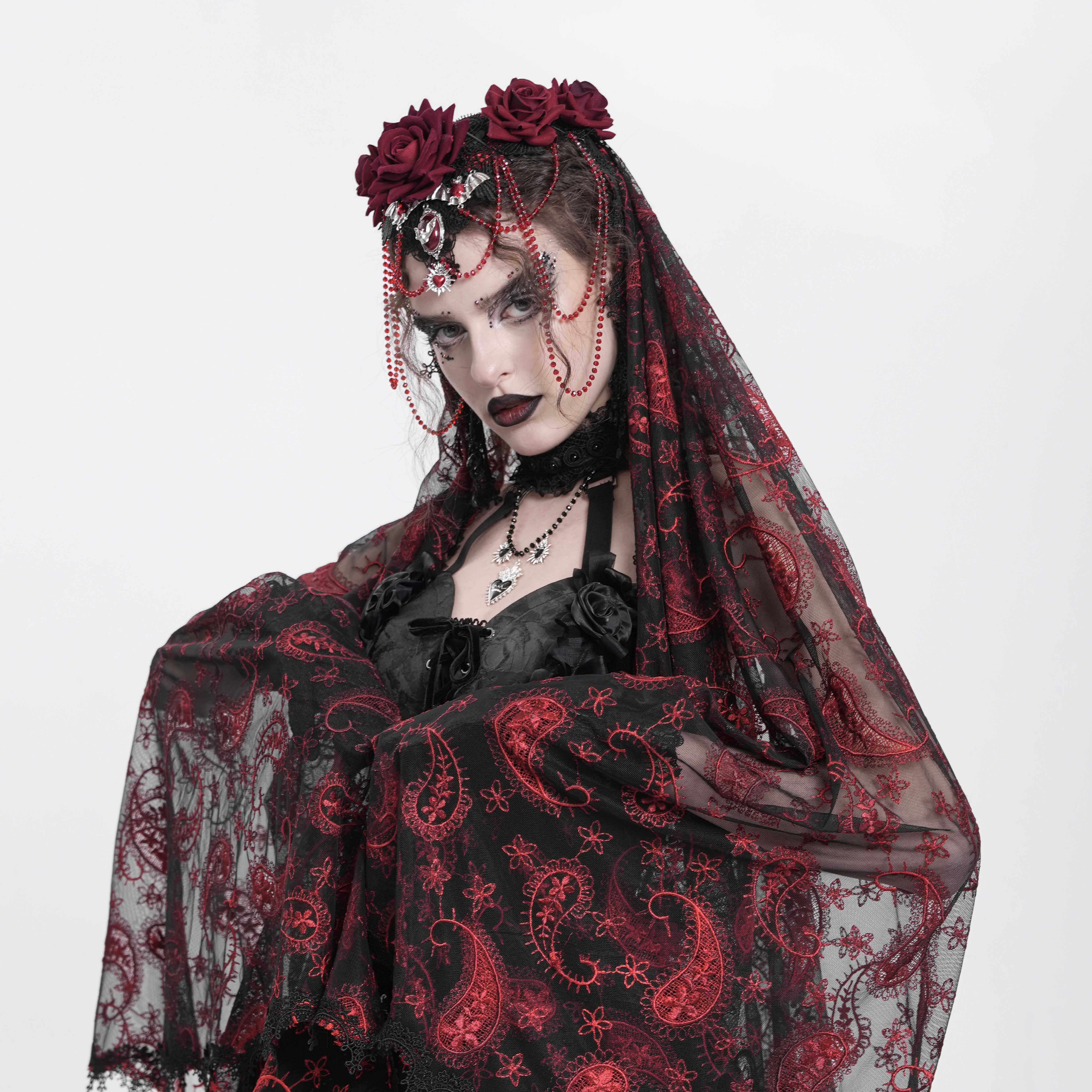 EVA LADY恶魔时尚女装哥特朋克暗黑细网腰果花玫瑰花头纱 EAS027