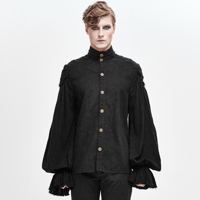 蒸汽朋克男装立领长袖水洗做旧衬衫春秋季青年休闲衬衣提花上衣