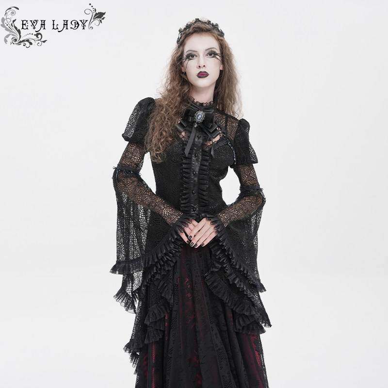 EVA LADY恶魔时尚女装哥特朋克暗黑大喇叭袖蕾丝衬衫ESHT01901