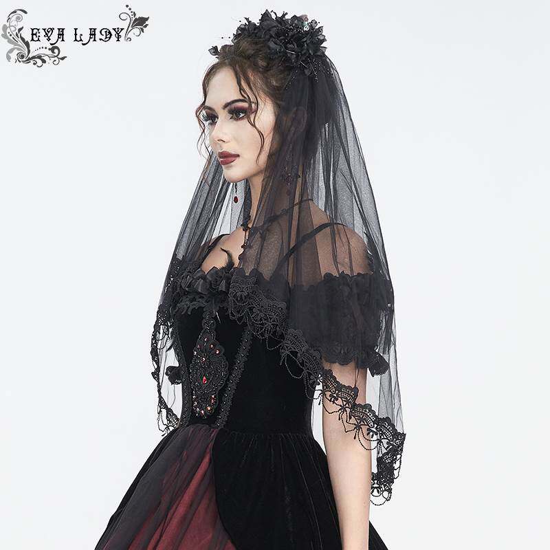EVA LADY恶魔时尚女装哥特朋克暗黑蕾丝头纱唯美黑色中长款EAS016
