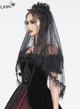 EVA LADY恶魔时尚女装哥特朋克暗黑蕾丝头纱唯美黑色中长款EAS016