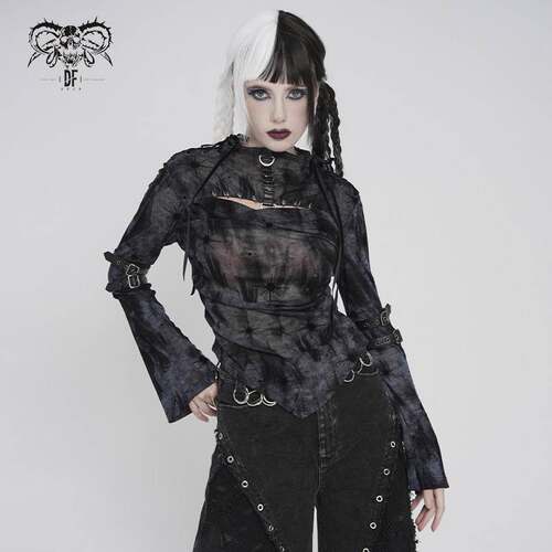 Devil Fashion恶魔时尚哥特暗黑女装做旧紮染星芒镂空上衣TT312