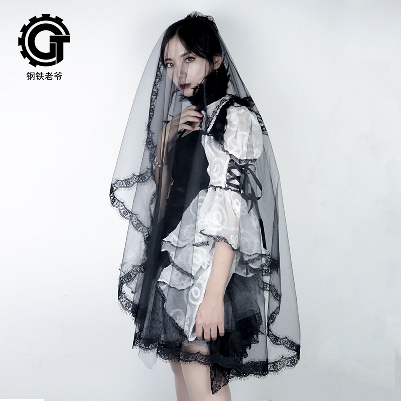 钢铁老爷黑头纱复古网红拍照节日COS写真造型头纱ins拍照道具