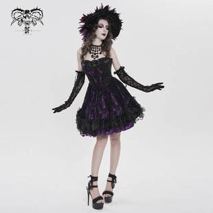 Devil Fashion恶魔时尚哥特暗黑女装钉钻收腰花边 A 字裙SKT256