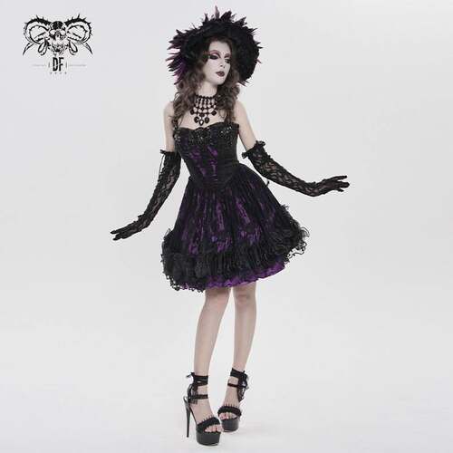 Devil Fashion恶魔时尚哥特暗黑女装钉钻收腰花边 A 字裙SKT256