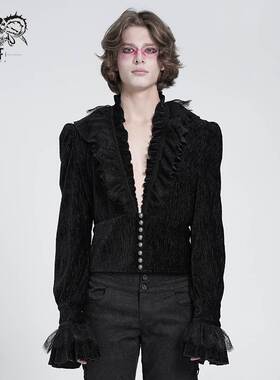 Devil Fashion恶魔时尚哥特暗黑男装蕾丝V领衬衫短款衬衣SHT13301