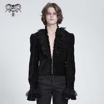 Devil Fashion恶魔时尚哥特暗黑男装蕾丝V领衬衫短款衬衣SHT13301