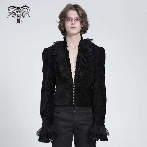 Devil Fashion恶魔时尚哥特暗黑男装蕾丝V领衬衫短款衬衣SHT13301
