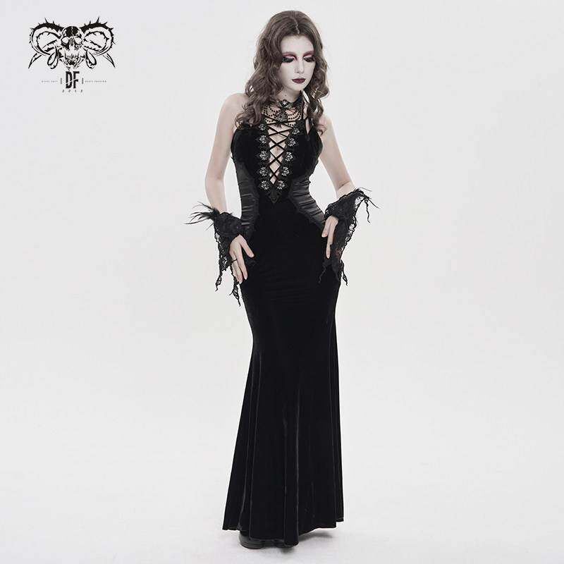 Devil Fashion恶魔时尚哥特暗黑女装蕾丝拼接丝绒鱼尾裙SKT25301