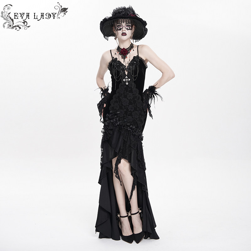 Devil Fashion恶魔时尚女装哥特大裙摆开叉吊带连衣裙ESKT06301
