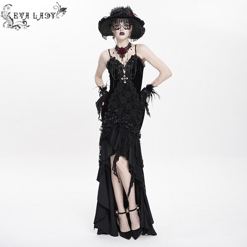 Devil Fashion恶魔时尚女装哥特大裙摆开叉吊带连衣裙ESKT06301