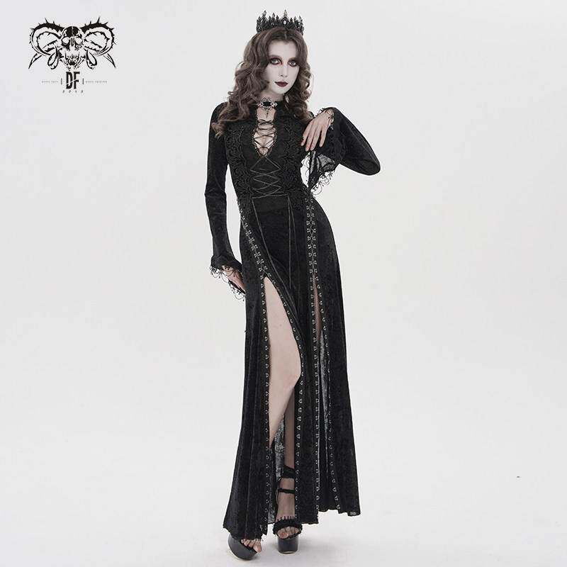 Devil Fashion恶魔时尚哥特暗黑女装蕾丝拼接绑带收腰长裙SKT255