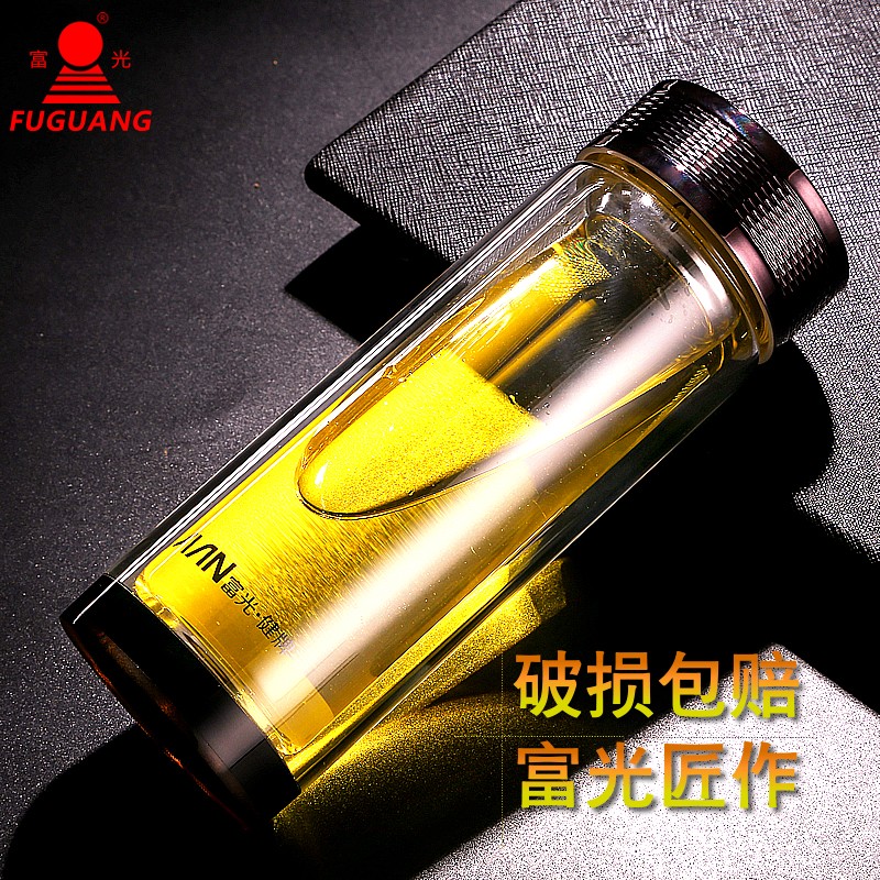 富光健牌双层水晶玻璃杯圆形直身带盖创意便携过滤男女泡茶杯子