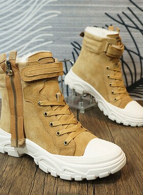 真皮冬季新款羊毛一体马丁靴系带保暖中筒靴平跟韩版女靴子C4-30