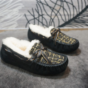 丝带蝴蝶结保暖懒人乐福鞋 编织小香风羊毛女士豆豆鞋 秋冬款