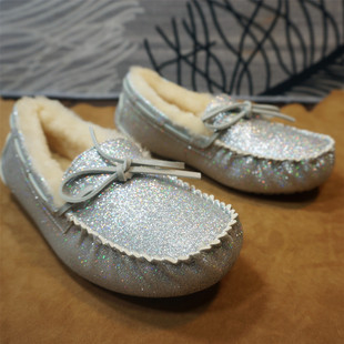 超值回馈新款 懒人保暖鞋 套脚亮片系绳包子鞋 11A 真皮羊毛豆豆鞋