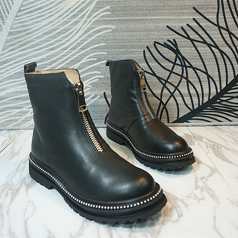 真皮羊毛女士时装靴子方跟女靴子