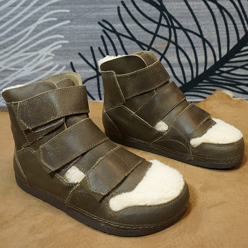 冬季新款真皮牛皮羊毛女士马丁靴 魔术贴橡胶底中筒女靴 复古7-11